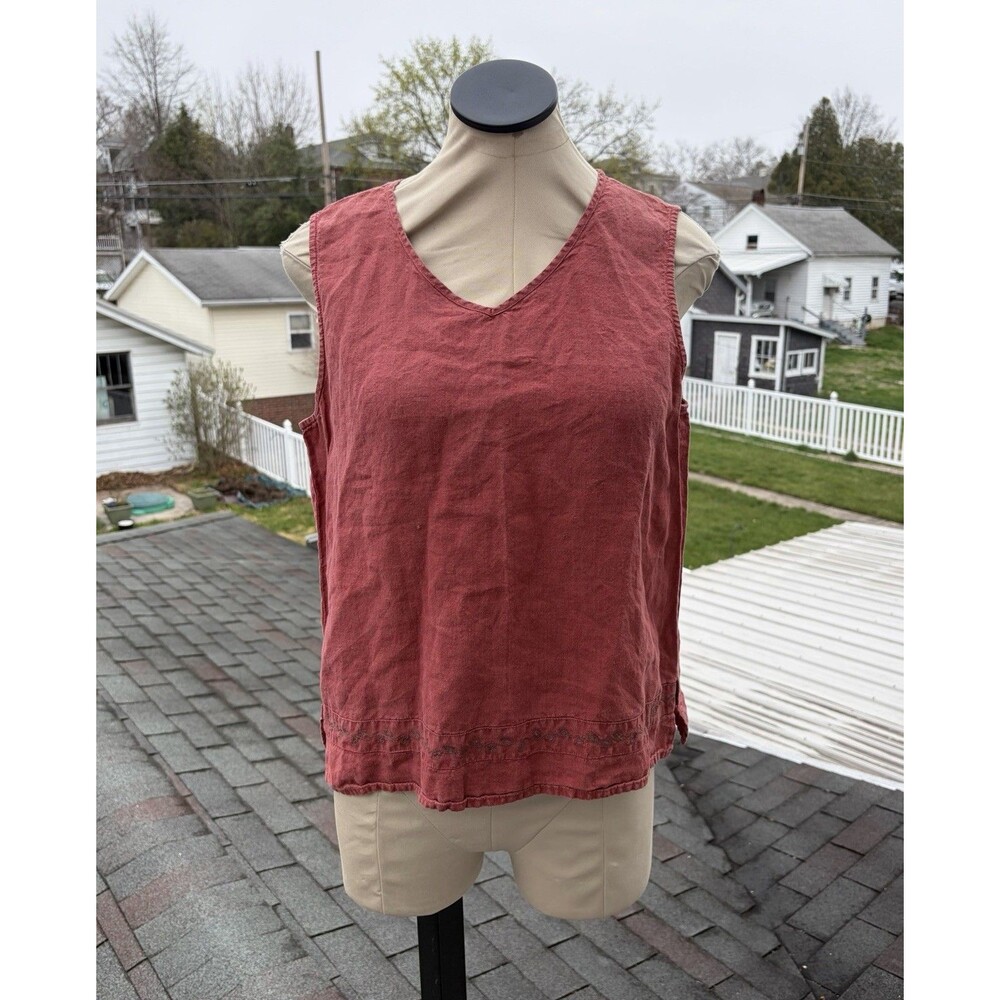 Vintage Y2K J Jill 100% Linen Rust Red V Neck Boxy Tank Top Shirt Sz M